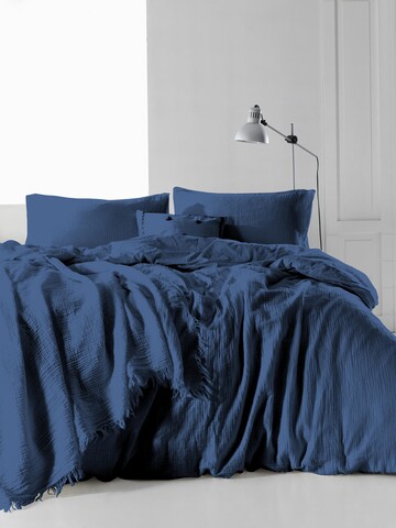 Lenjerie de pat dubla king, 3 piese, 220x240 cm, 100% bumbac, limasso, muslin stonewashed, albastru inchis