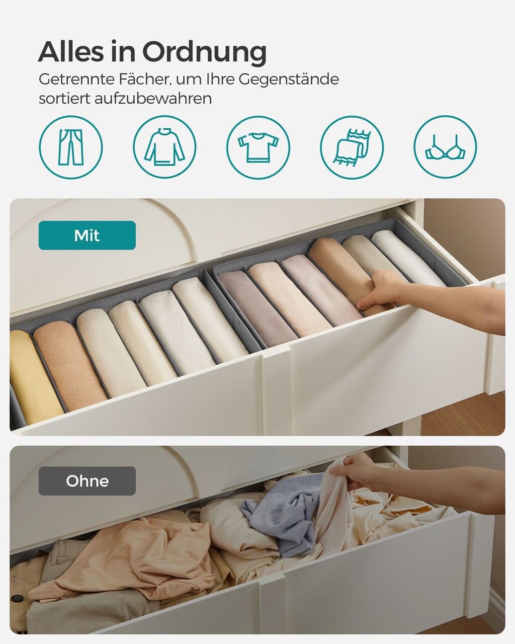Set 4 organizatoare pentru sertar, Songmics,cu 6 compartimente, 42x30x17 cm, gri - 1 | YEO