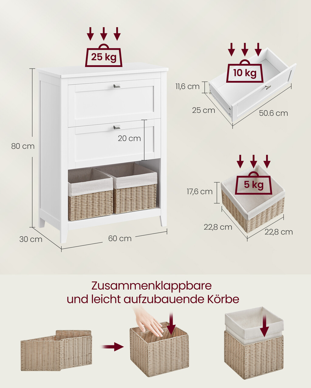 Dulap pentru baie cu 2 sertare si 2 cosuri, Vasagle, 60x30x80 cm, MDF, alb - 1 | YEO