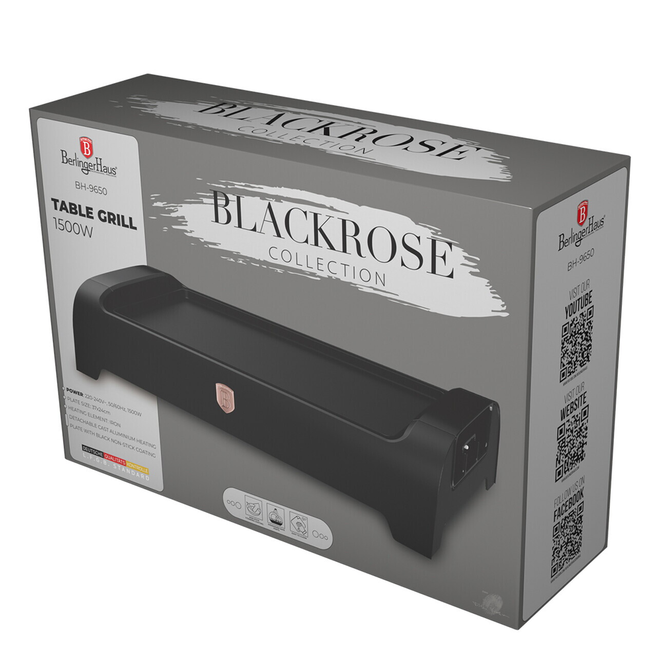 Gratar electric de masa Berlinger Haus, Black Rose, 1500W, 37x24 cm, aluminiu turnat, negru - imagine 6