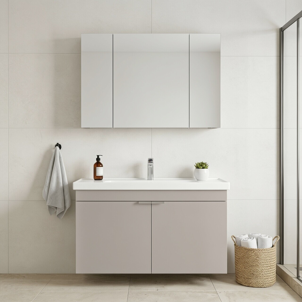 Set Dulap de Baie cu Chiuvetă și Oglindă (2 Piese), Hanah Home, Desna 100, Nisip