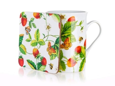 Set cana si suport, Forest Strawberry, Banquet, 300 ml, ceramica/pluta