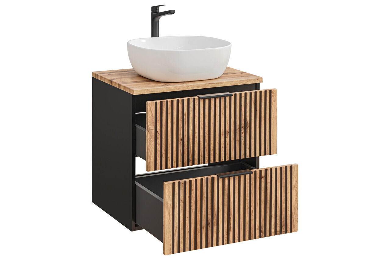 Set mobilier baie, dulap cu lavoar, 60 cm, Xilo, Comad, MDF/PAL laminat, stejar wotan/ gri piatra — imaginea 3
