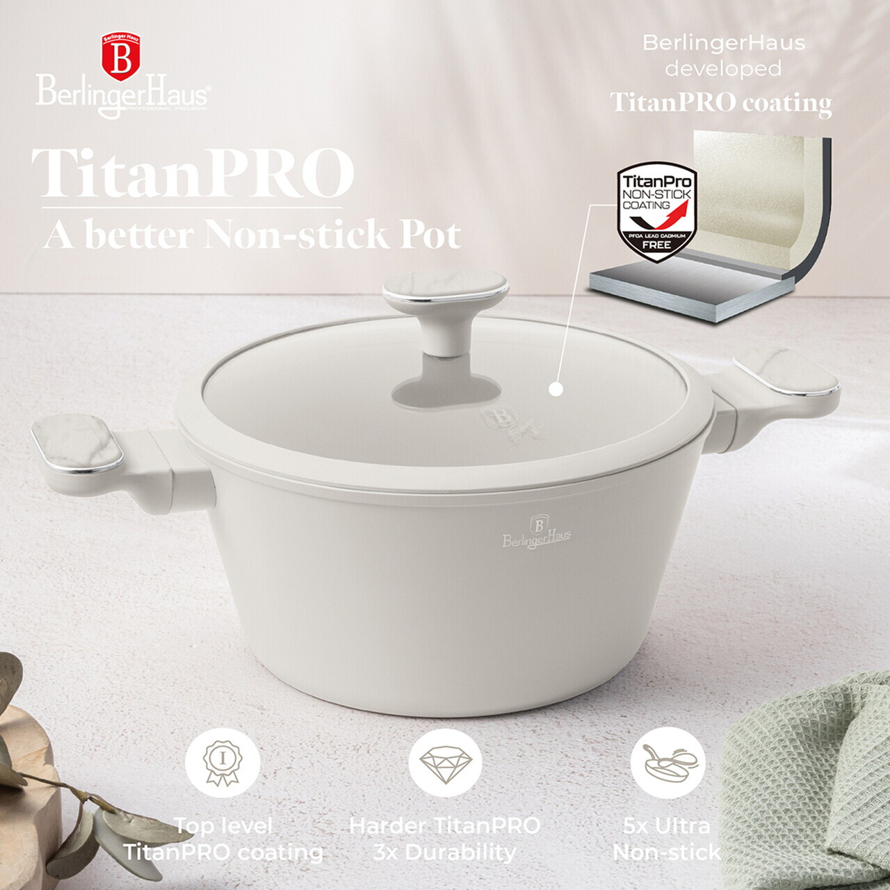 Oala cu capac Berlinger Haus, Sahara Marble, 24 cm, 4.3 L, aluminiu forjat, crem mat/marmura - imagine 7