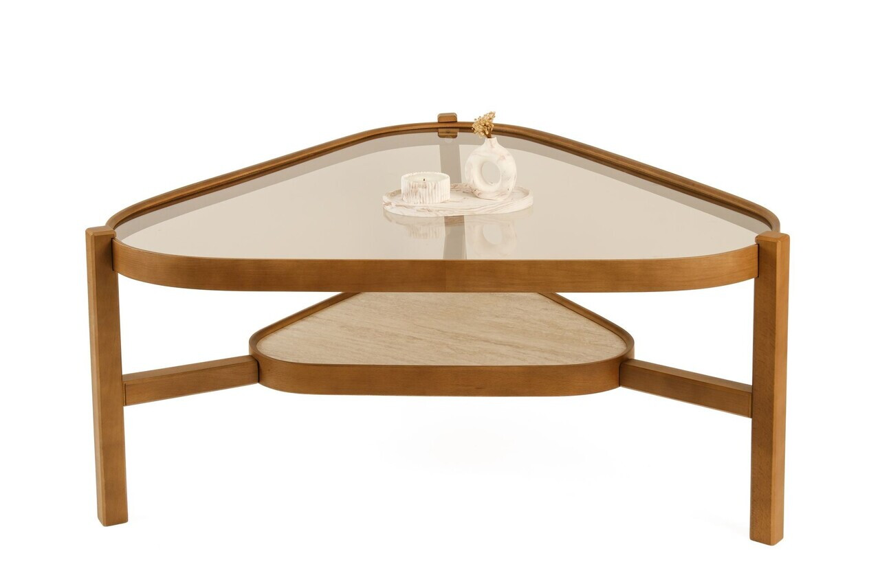 Masuta de cafea, Hanah Home, Capella 95, 95x48x.95 cm, LEMN MASIV DE FAG, Nuc / Travertin — imaginea 2