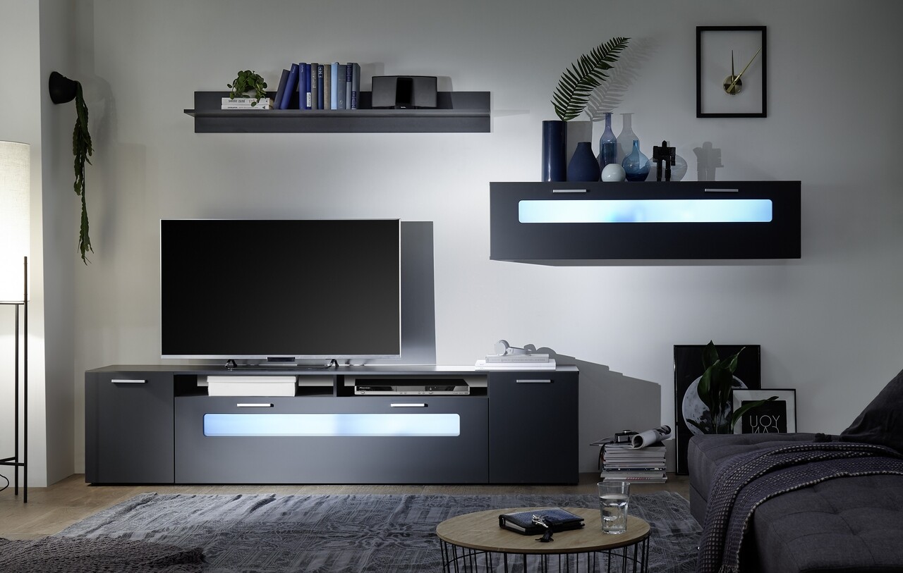 Mobilier Living, New Vision, 1 X Polita, 1 X Comoda TV, 1 Dulap Suspendat, PAL/MDF, Negru