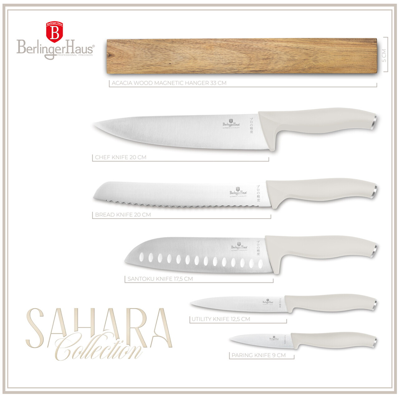 Set 5 cutite cu suport magnetic Berlinger Haus, Sahara, inox/lemn, crem mat/natur - imagine 7