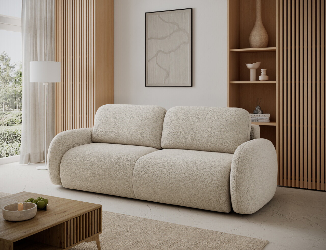 Canapea extensibila 3 locuri ELTAP, Avuela, 250x105x94 cm, lemn/tesatura boucle, bej — imaginea 3