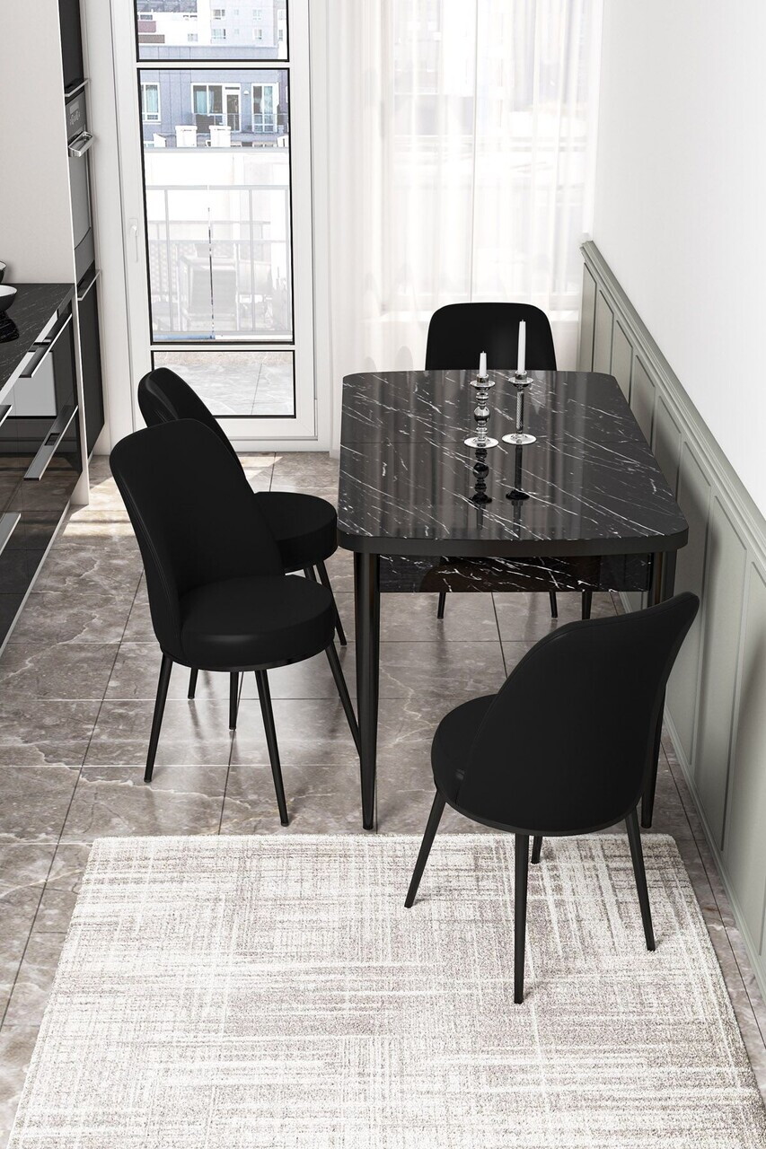 Set masa extensibila si scaune (5 piese), Hanah Home, Via, Model de marmură neagră / Negru