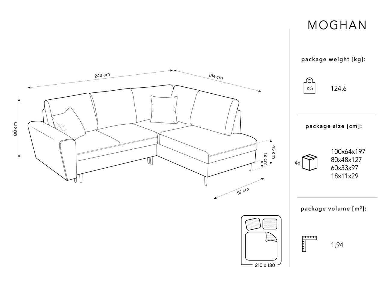 Coltar extensibil dreapta 5 locuri, Moghan, Micadoni Home, BL, 243x194x88 cm, catifea, albastru regal