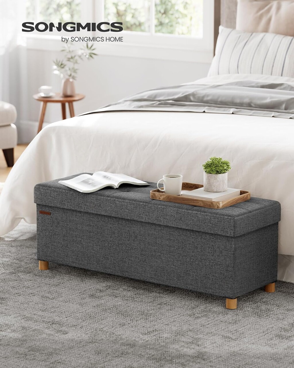 Bancheta cu spatiu de depozitare Songmics 110x38x40 cm max 300 kg MDF/imitatie de in gri
