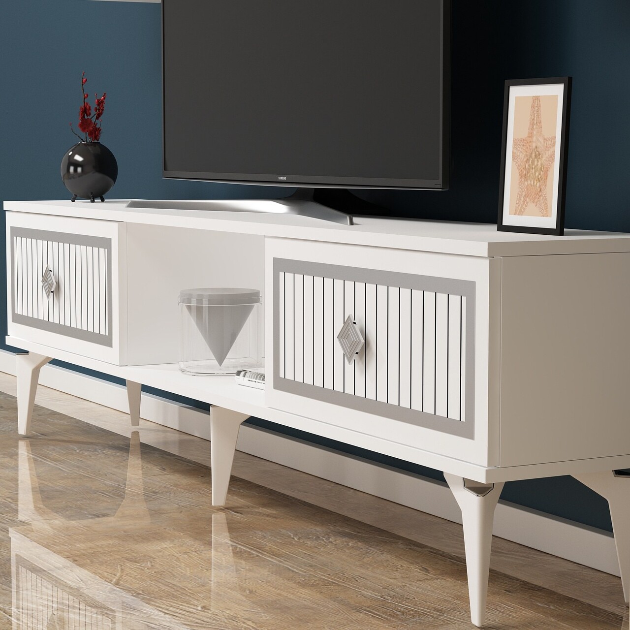 Comoda TV, Olivia, Nil, 150x44.6x29.6 cm, PAL, Alb / Argintiu - 1 | YEO