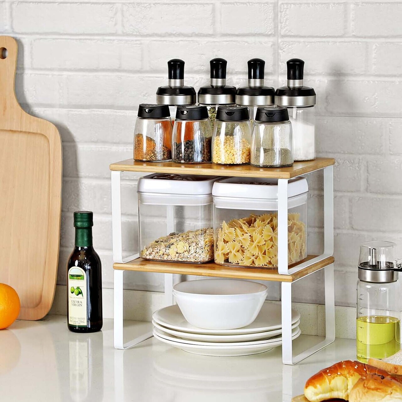 Set 4 organizatoare bucatarie, Songmics, 29.7x19.5x15.5 cm, metal/bambus, alb/natural - imagine 5