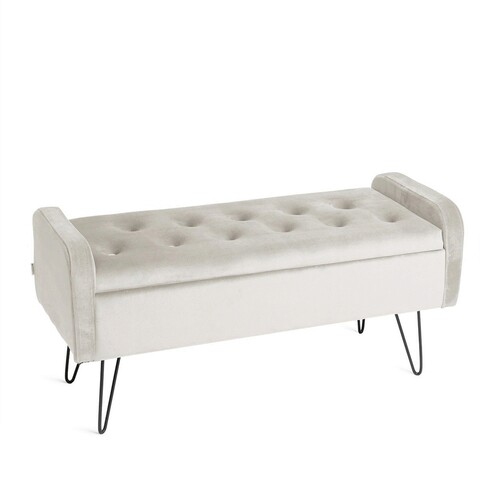 Bancheta cu spatiu pentru depozitare Venlo, Homla, 96x39x45 cm, catifea din poliester/metal, crem/negru
