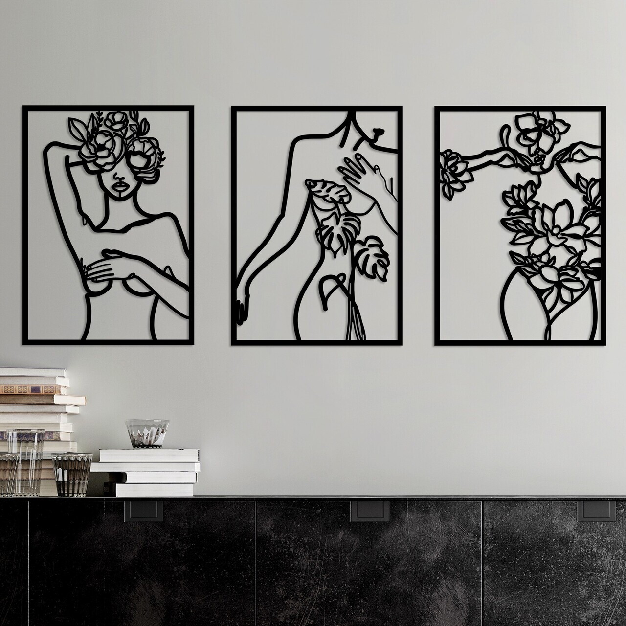 Decoratiune de perete, Metal Nude Women, 50 x 70 cm, 3 piese, Negru — imaginea 2