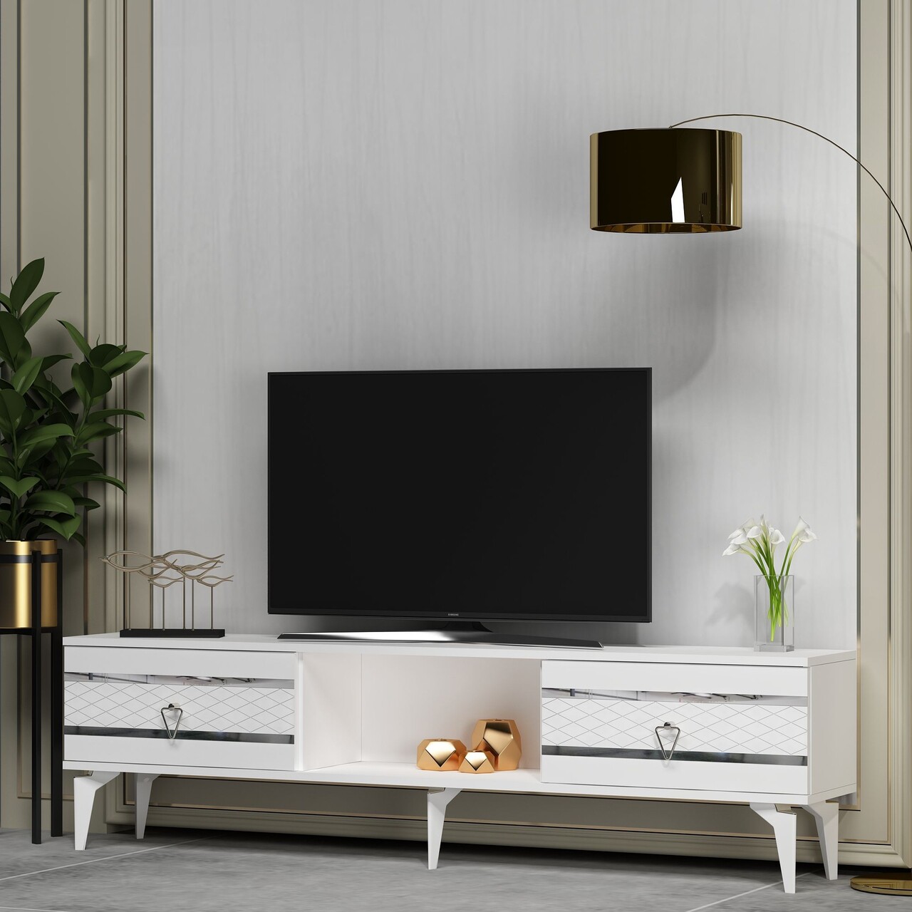 Comoda TV, Olivia, Pelin, Alb / Argintiu - 1 | YEO