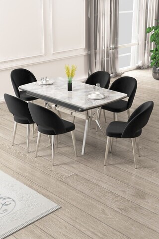 Set masa extensibila si scaune (7 piese), Hanah Home, Weps, Gri / Crom / Negru