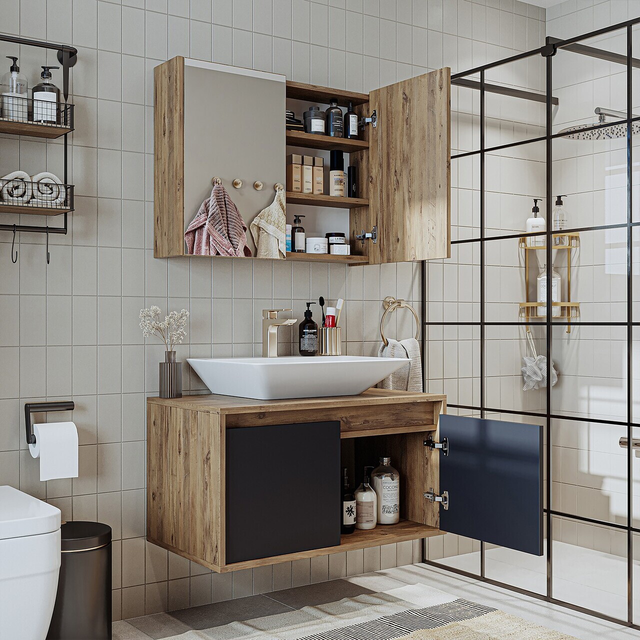 Set Dulap de Baie cu Chiuvetă și Oglindă (2 Piese), Hanah Home, 1710, MDF-LAM, Pin Atlantic / Antracit — imaginea 3
