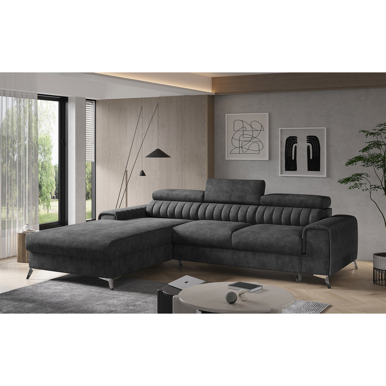 Coltar extensibil stanga 3 locuri ELTAP, LT-06LE, Grayson, 278x205x92 cm, lemn/poliester, gri inchis