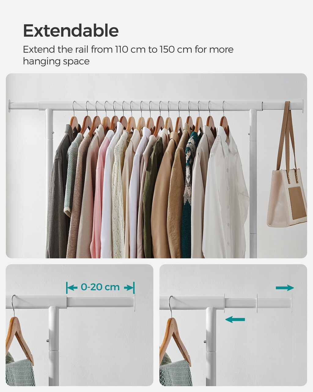 Suport pentru umerase, Songmics, extensibil, cu roti, 110-150x45x160 cm, otel, alb mat - imagine 6