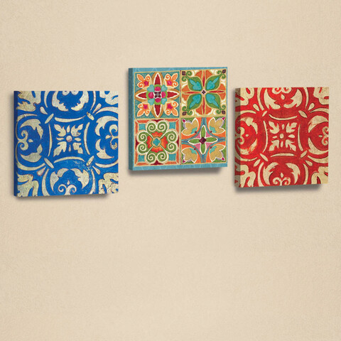 Set 3 tablouri decorative, ahm037, piele ecologica, lemn, albastru / roșu / crem / portocaliu / verde