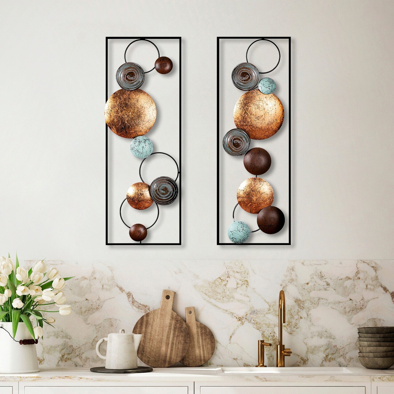 Decoratiune de perete, Textured, Metal, Latime: 32 cm / Inaltime: 92 cm / Adancime: 4 cm (2 bucati), Multicolor - 1 | YEO