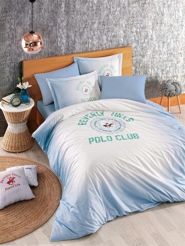 Lenjerie de pat dubla King Size, Beverly Hills Polo Club Blue, 100% bumbac ranforce, 4 piese, Alb/Bleu