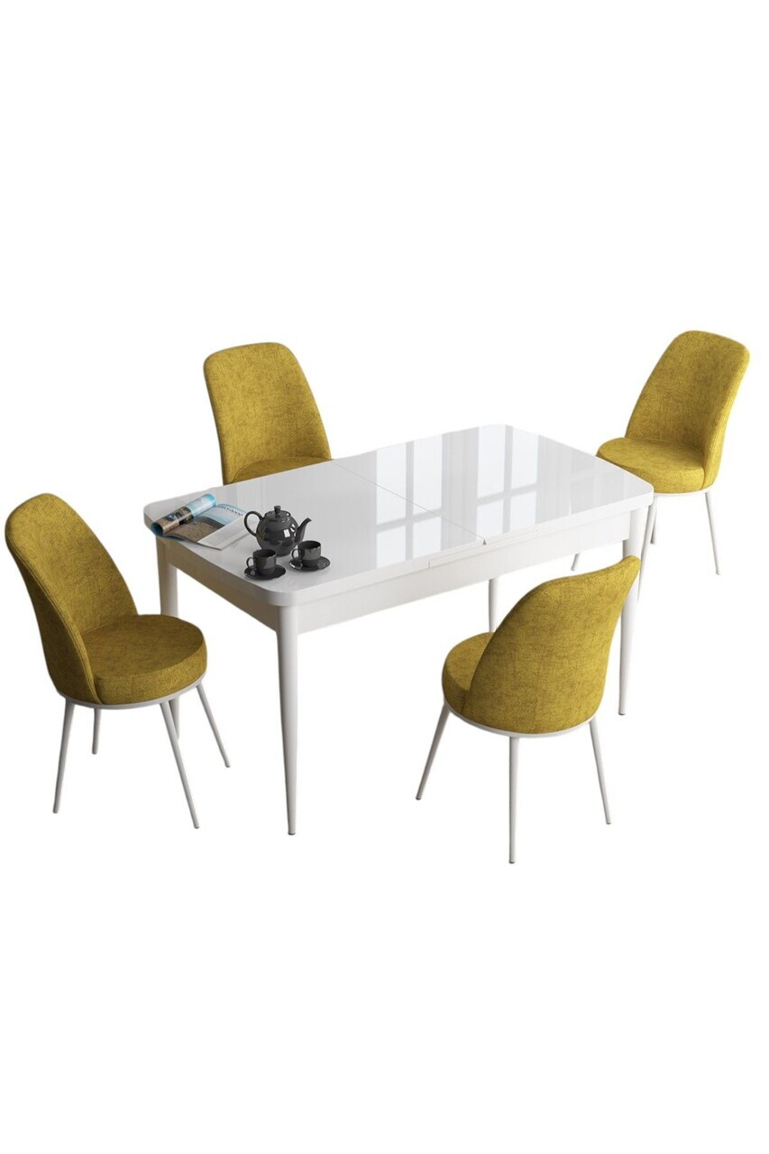 Set masa extensibila si scaune (5 piese), Hanah Home, Han, Alb/Muștar — imaginea 2