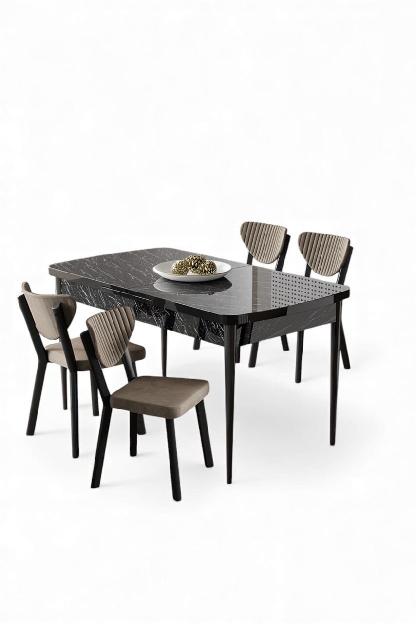 Set masa extensibila si scaune, Hanah Home, Exve, Marmură neagră / Cappuccino - view 2