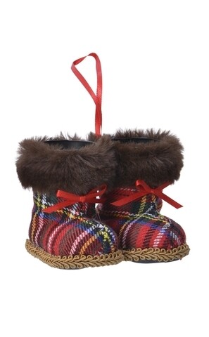 Decoratiune Snowboots check, Decoris, 10x8x8 cm, poliester, rosu