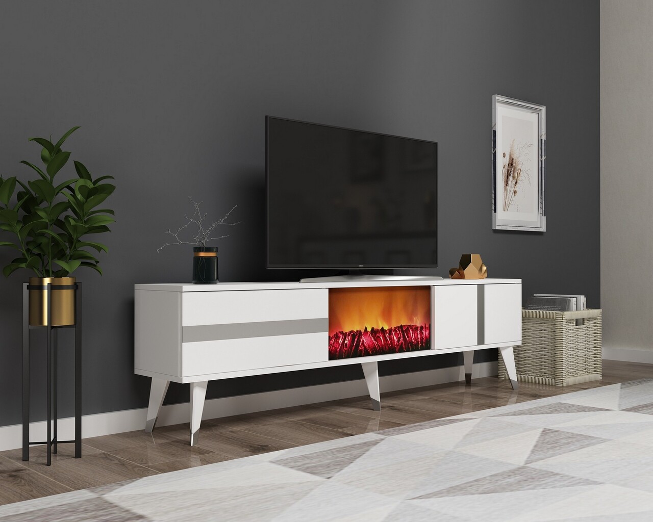 Comoda TV, Olivia, Vania Fireplace, 150x50x29.6 cm, PAL , Alb / Argintiu - 2 | YEO