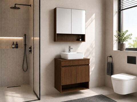 Set Dulap de Baie cu Chiuvetă și Oglindă (2 Piese), Hanah Home, Compacta Bowl 60, Nuc închis nou