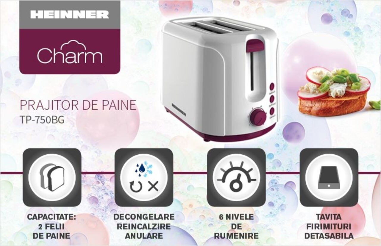 Prajitor De Paine Charm, Heinner, 750 W, 6 Nivele, Visiniu