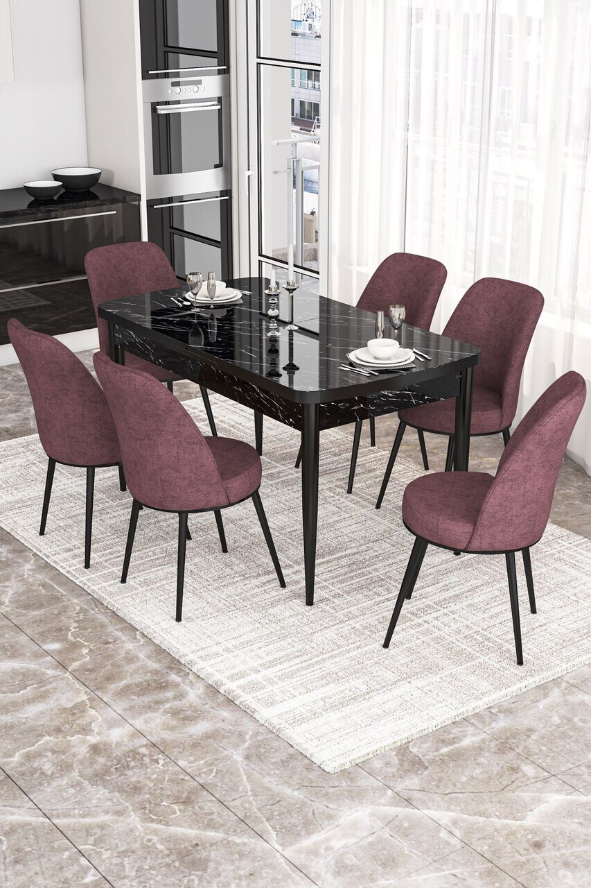 Set masa extensibila si scaune (7 piese), Hanah Home, Via, Model de marmură neagră / Roz prăfuit