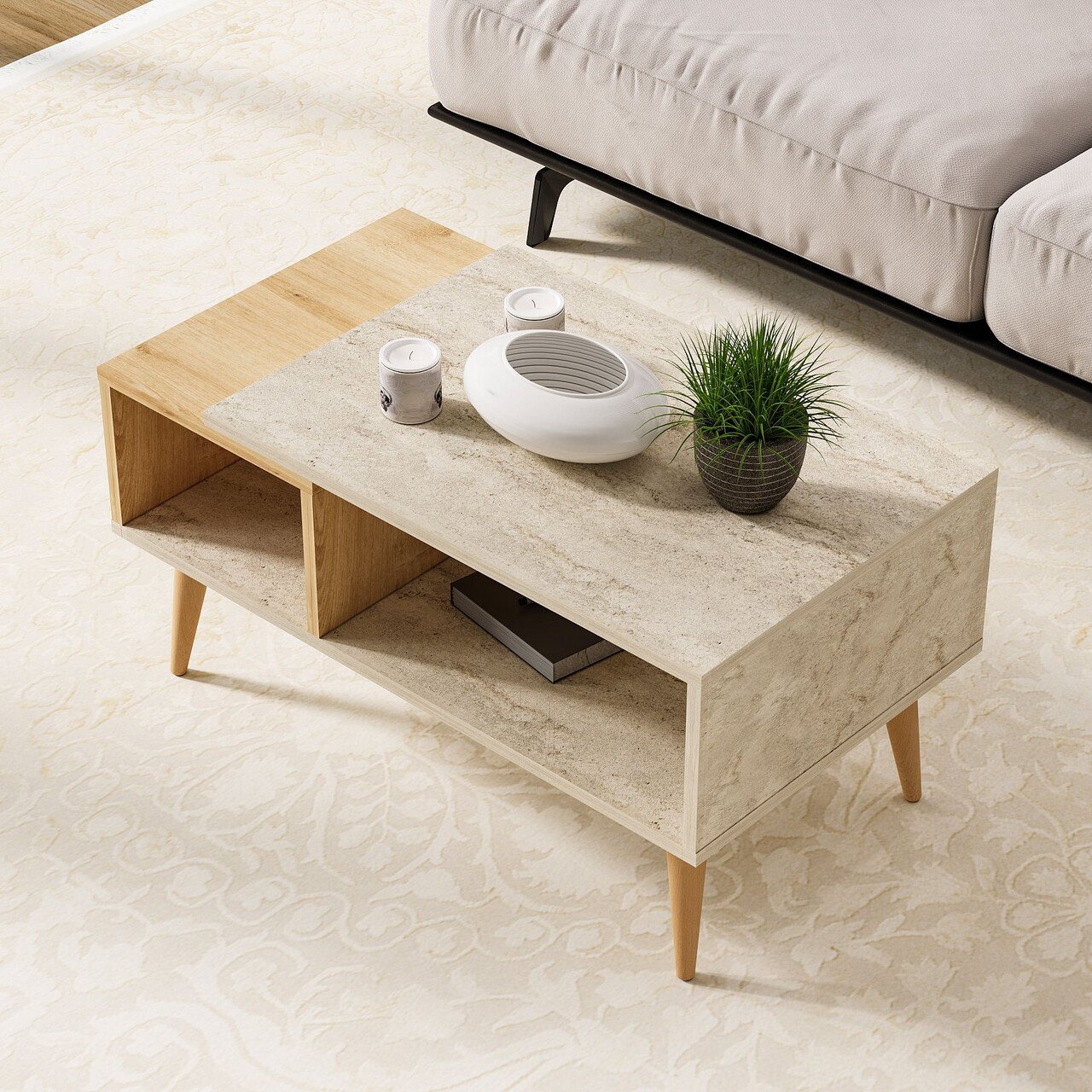 Masuta de cafea, Odessa, Austin, 90x40x50 cm, Travertin / Stejar Safir - 1 | YEO