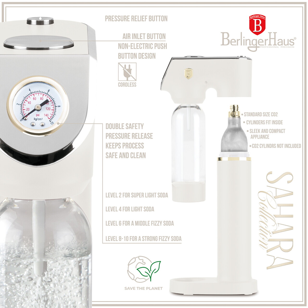 Aparat sifon Berlinger Haus, Sahara, 22x13x43 cm, 0.5L / 1L, inox/polipropilena, crem - view 6