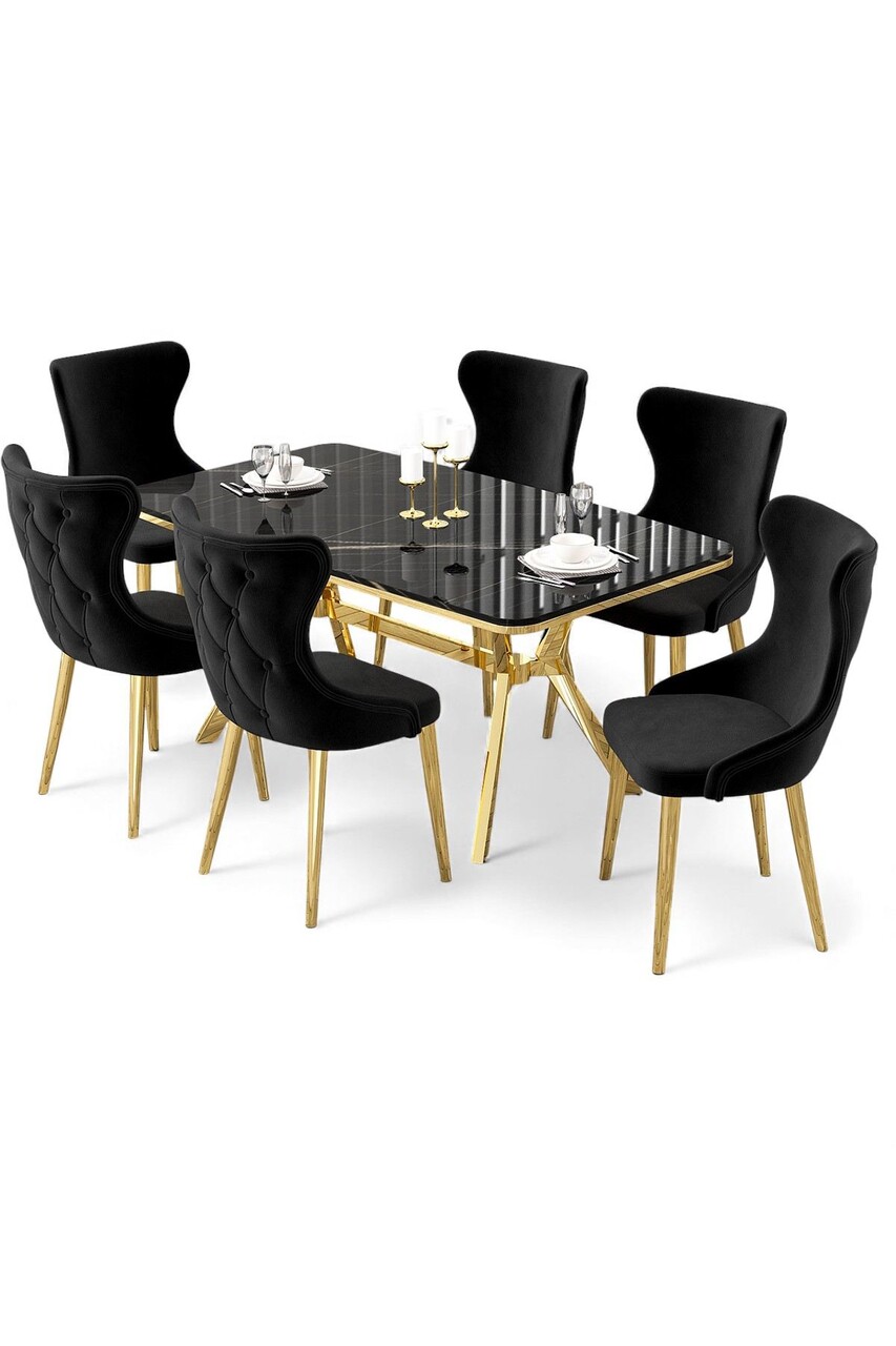 Set masa extensibila si scaune, Hanah Home, Esla, Marmură neagră / Auriu / Negru - view 2