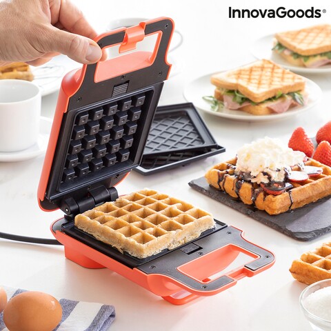 Aparat  2-in-1 pentru gofre si sandwich,  retete Wafflicher, InnovaGoods, 600W, rosu