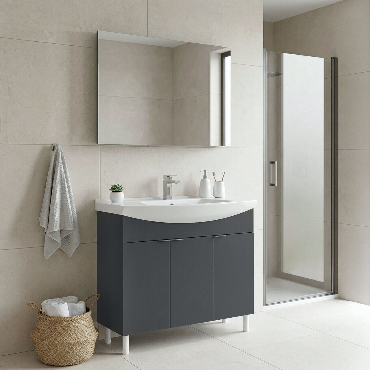 Set Dulap de Baie cu Chiuvetă și Oglindă (2 Piese), Hanah Home, Purus 100, Antracit mat — imaginea 2
