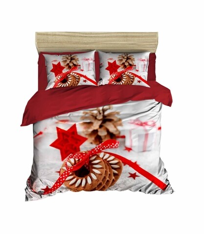 Lenjerie de pat pentru doua persoane, pearl home, 416, print 3d, amestec bumbac, 4 piese, alb/rosu/maro