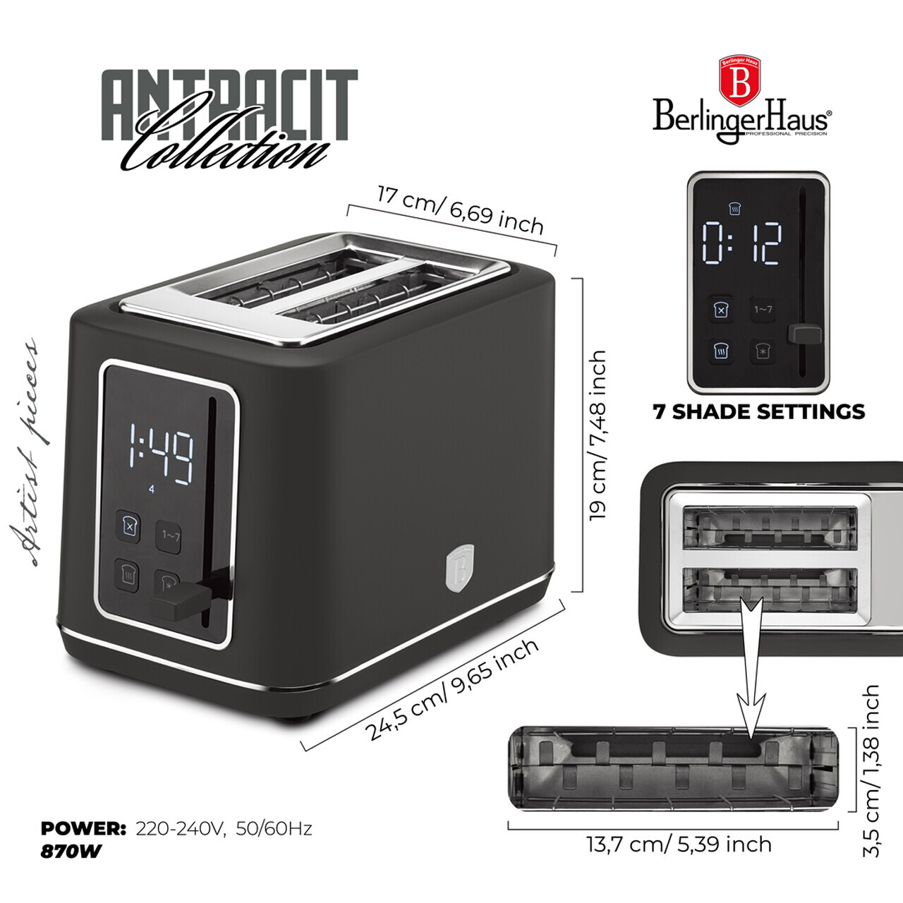 Prajitor de paine digital Berlinger Haus, Anthracite, 27.8x16.6x19.1 cm, inox, antracit mat - imagine 9