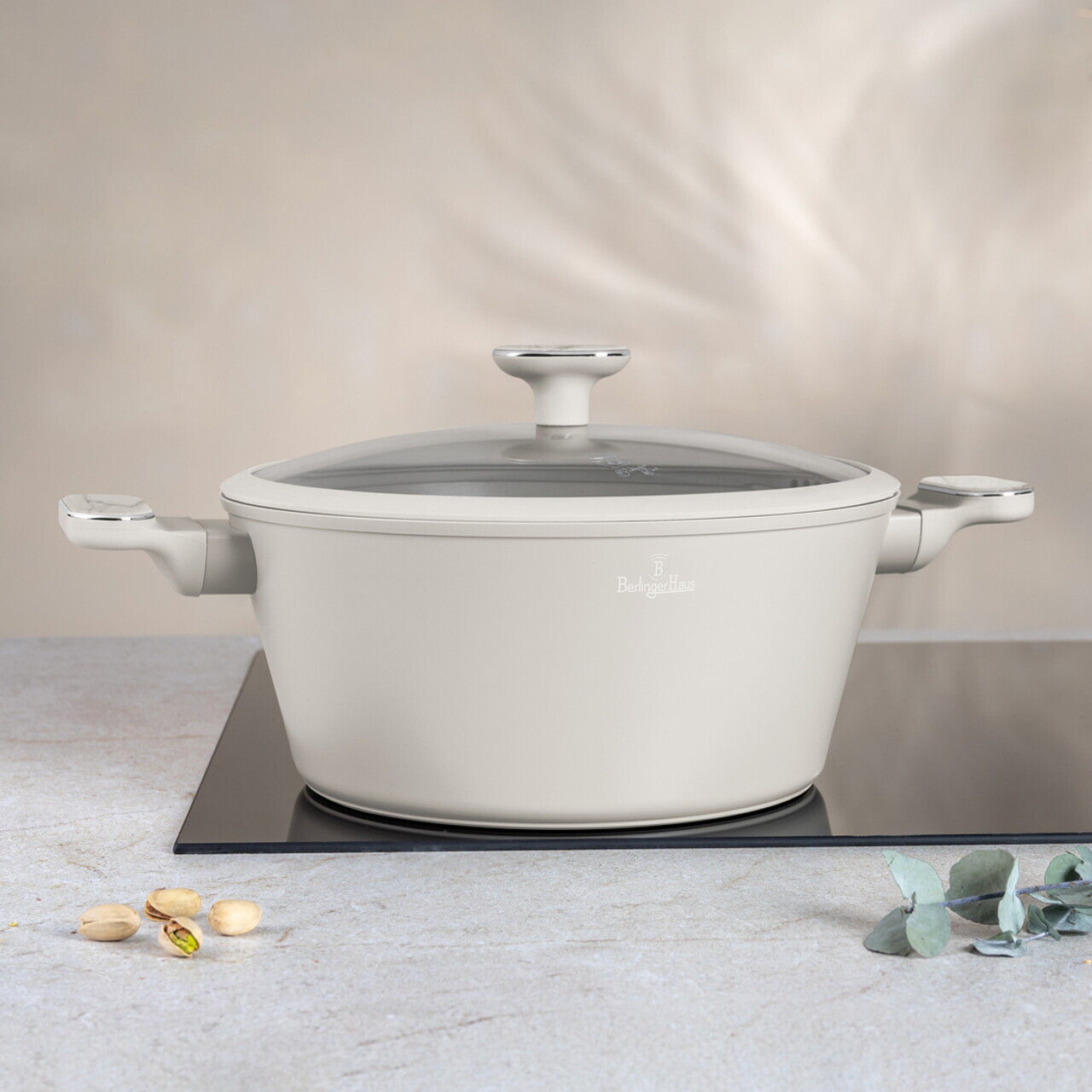 Oala cu capac Berlinger Haus, Sahara Marble, 28 cm, 6.3 L, aluminiu forjat, crem mat/marmura - imagine 8