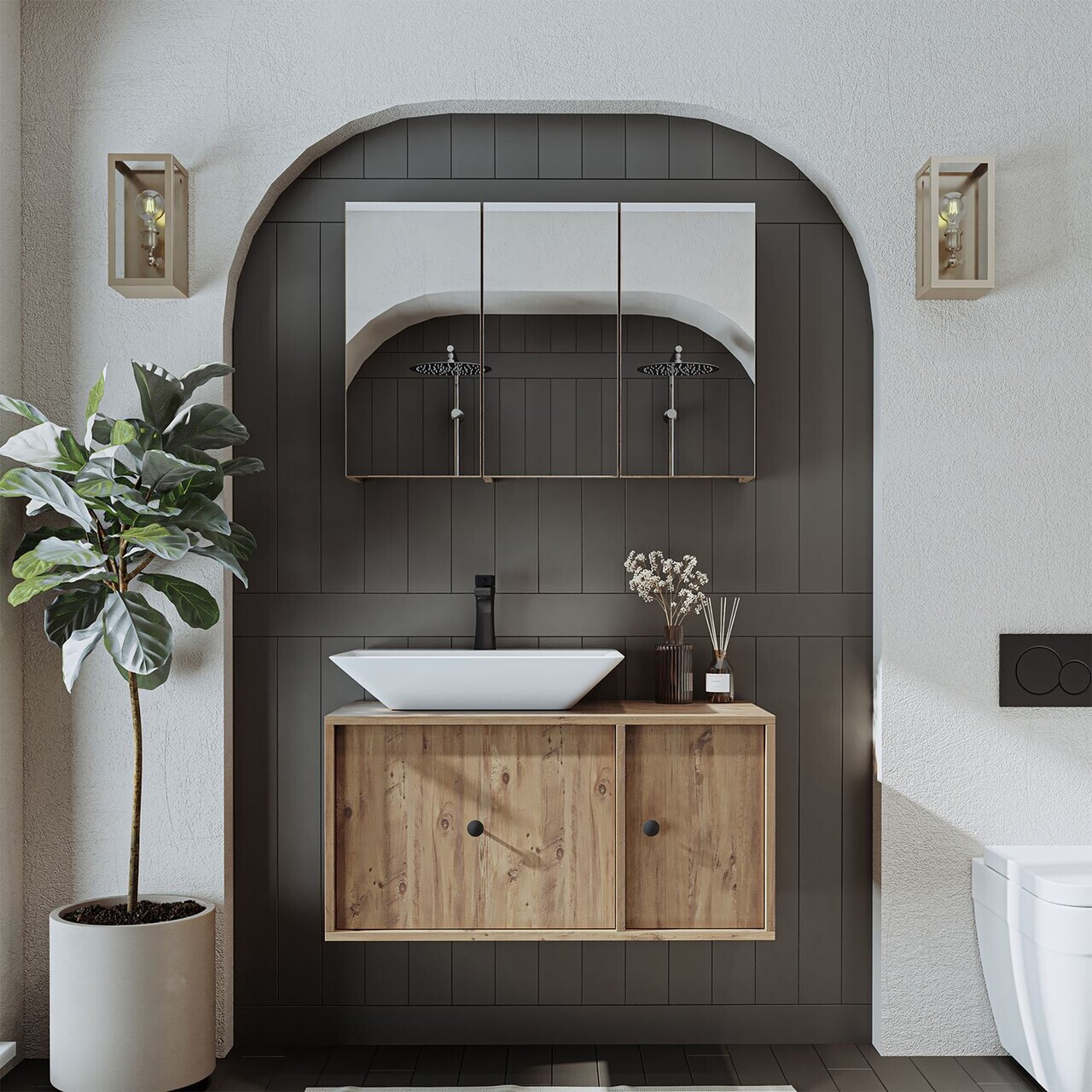 Set Dulap de Baie cu Chiuvetă și Oglindă (2 Piese), Hanah Home, 2554, MDF, Maro — imaginea 3