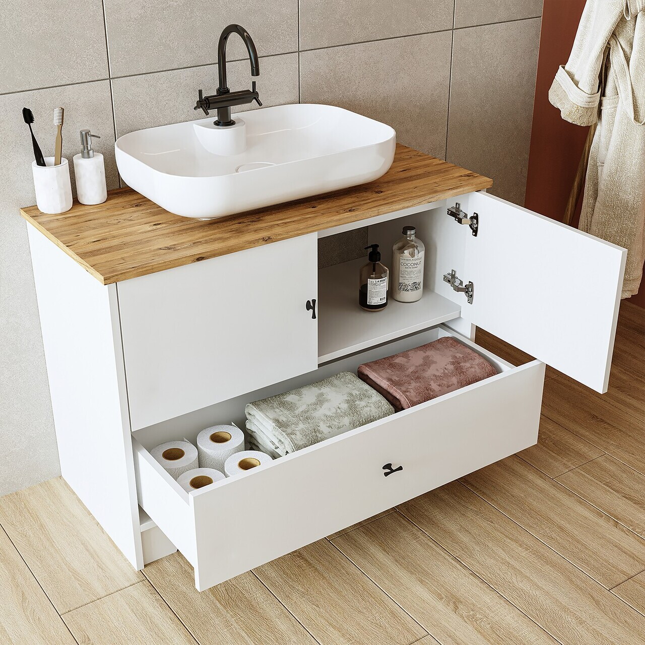 Dulap de baie cu chiuvetă, Hanah Home, 2381, 99.5x72x45 cm, MDF-LAM, Alb mat — imaginea 3
