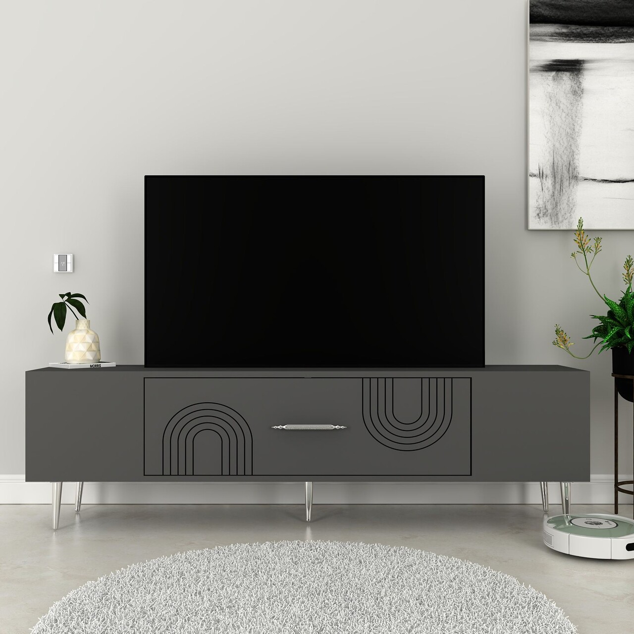 Comoda TV, Olivia, Dekol2, Antracit / Argintiu
