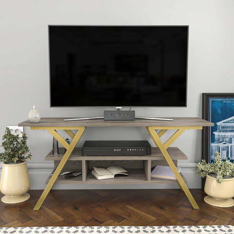 Comoda tv, retricy, minerva, 120x35x55 cm, pal, auriu / gri închis