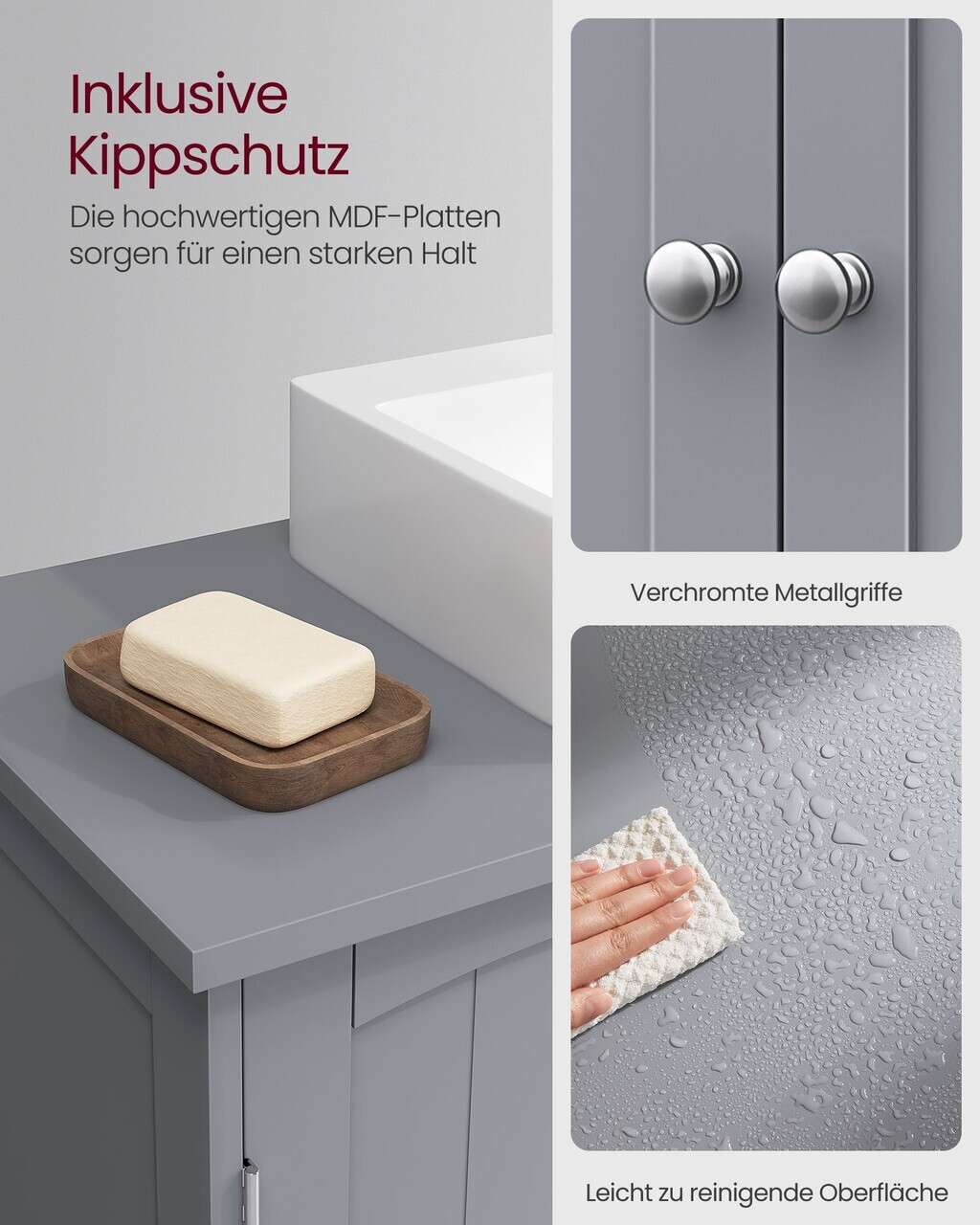 Dulap pentru baie / masca de lavoar Vasagle, cu raft deschis si dulap dublu, 90x30x60 cm, MDF, gri - imagine 5