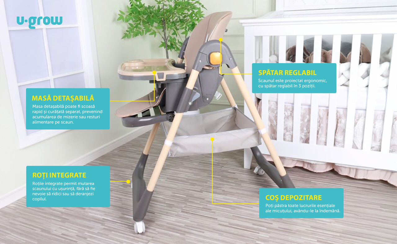 Scaun de masa pentru bebelusi cu inaltime reglabila, U-Grow, 53.5x20.5x62 cm, piele ecologica/textil, maro