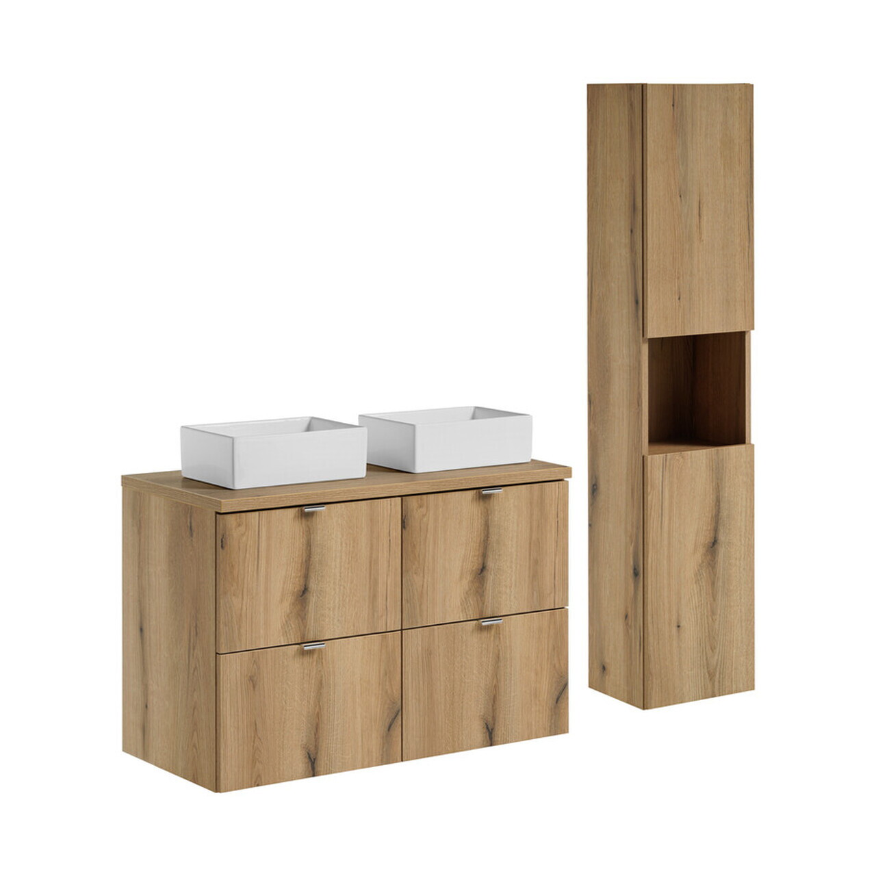 Set mobilier baie, Nova Oak 100 cm, dulap inalt si masca dubla cu lavoar, Comad, PAL, stejar