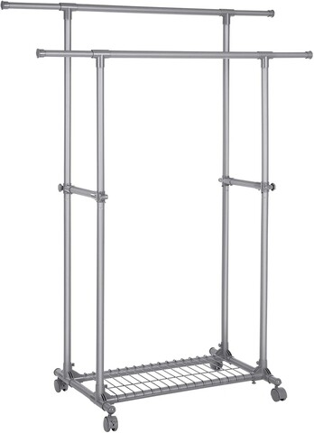 Suport dublu pentru umerase, Songmics, extensibil, mobil, 87-150x52x166 cm, max 70 kg, otel, gri
